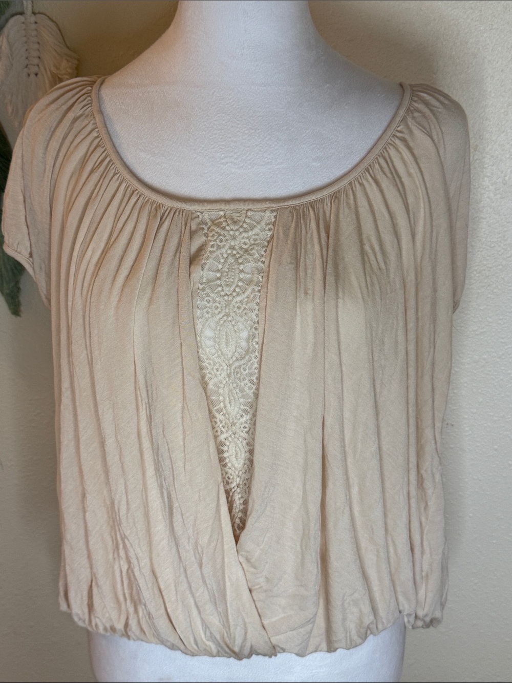 VENUS Beige Lace-Front Short Sleeve Blouse